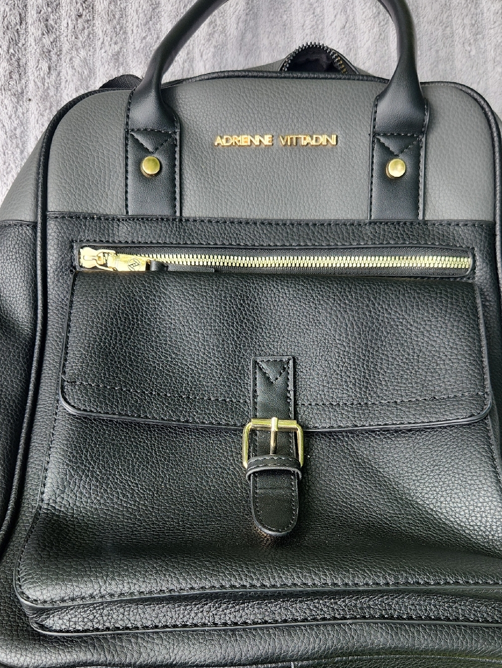 Adrienne Vittadini Black/Grey Faux Leather Backpack/Purse with Gold Hardware